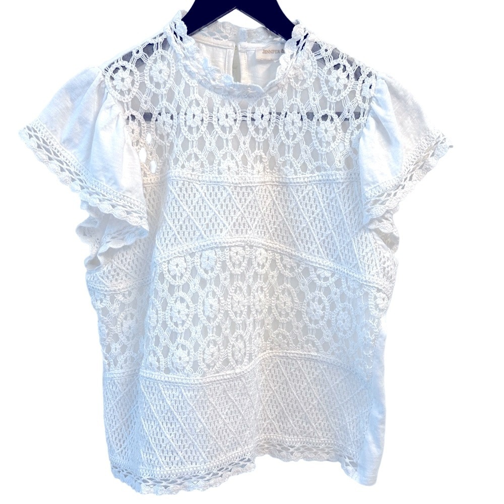 Jennifer & Grace White Eyelet Crochet Lace Mesh Flutter Sleeve Blouse Medium - Picture 3 of 13